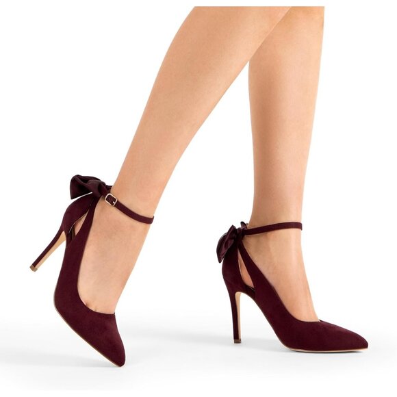 Dream Pair Women's Burgundy-suede Faux Suede Strappy Pointed Toe Bow Shoes Pumps - Picture 6 of 7